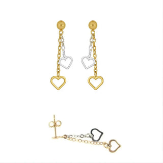 18K Two Tone Solid Gold Open Heart Dangle Earrings