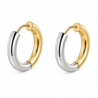 18K Solid Two Tone Round Tubular Hinged Huggie Earrings
