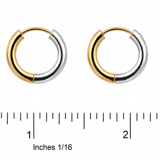 18K Solid Two Tone Round Tubular Hinged Huggie Earrings