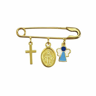 18K Yellow Gold Cross Medal and Blue Angel Safety Pin