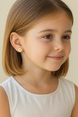 18K Solid Yellow Gold Pink Enamel Flower Post Earrings