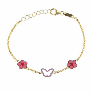 18K Solid Yellow Gold Enamel Flowers and Butterfly Bracelet