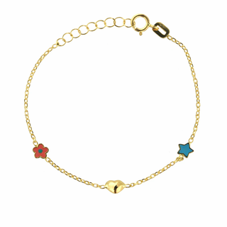 18K Yellow Gold Enamel Heart Flower and Star Bracelet