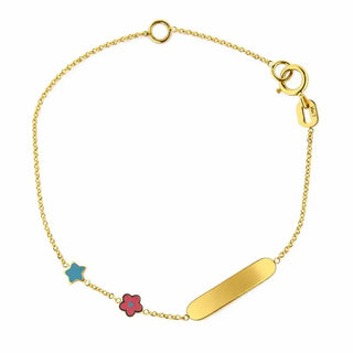 18K Solid Yellow Gold Blue Star and Pink Flower ID Bracelet