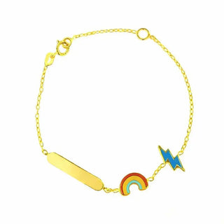 18K Yellow Gold Enamel Rainbow and Lightning Bolt ID Bracelet
