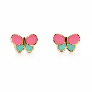 18K Yellow Gold Pink and Turquoise  Enamel Butterfly Post  Earrings