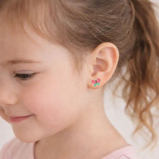 18K Yellow Gold Pink and Turquoise  Enamel Butterfly Post  Earrings