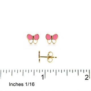 18 Karat Gelbgold Ohrringe mit rosa und weißem Emaille-Schmetterling und Steckerverschluss