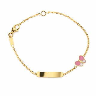 18K Yellow Gold Pink and White Enamel Butterfly ID Bracelet