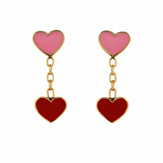 18K Yellow Gold Red and Pink Enamel Hearts Dangle Earrings
