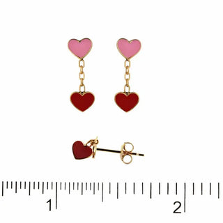18K Yellow Gold Red and Pink Enamel Hearts Dangle Earrings