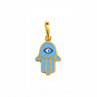 18K Solid Yellow Gold Blue Enamel Fatima Hamsa Pendant