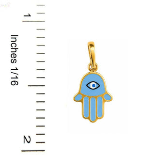 18K Solid Yellow Gold Blue Enamel Fatima Hamsa Pendant