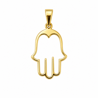 18k Solid Yellow Gold Open Modern Hamsa Hand Pendant