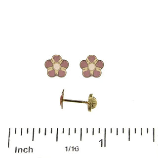 18K Yellow Gold Pink Enamel Flower Screwback Earrings