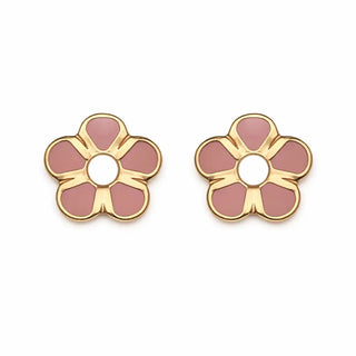 18K Yellow Gold Pink Enamel Flower Screwback Earrings