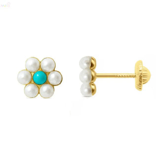 18K Yellow Gold Pearls and Turquoise Flower Screwback Earrings (Copy)