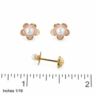 18K Yellow Gold Pink Pearl Flower Covered Screwback Earrings