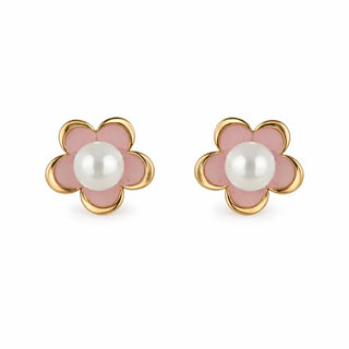 pr18K Yellow Gold Pink Pearl Flower Covered Screwback Earrings