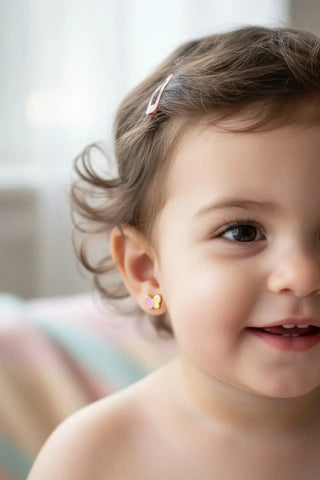 18K Yellow Gold Pink Enamel Butterfly Covered Screwback Earrings