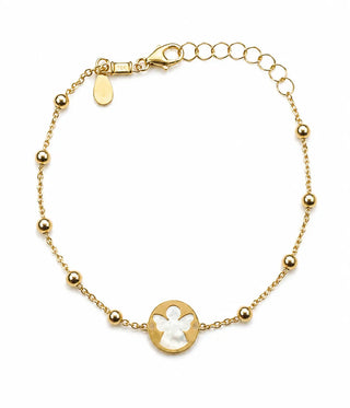 18K Solid Yellow Gold Mother of Pearl Angel Beaded Bracelet