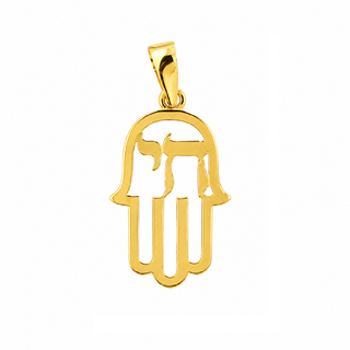 18K Solid Yellow Gold Polished Open Chai Hamsa Pendant