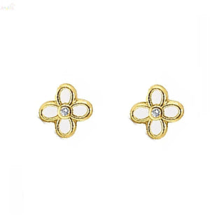 18K Yellow Gold Gemstone and Zirconia Clover Screwback Earrings