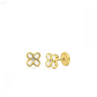 18K Yellow Gold Gemstone and Zirconia Clover Screwback Earrings