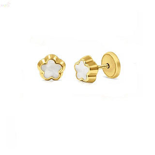18K Yellow Gold Gemstone Small Flower Screwback Earrings
