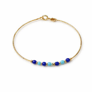 18K Solid Yellow Gold Lapis Lazuli and Turquoise Beads Bangle