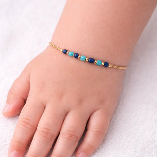 18K Solid Yellow Gold Lapis Lazuli and Turquoise Beads Bangle