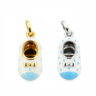 18K Solid Gold White Enamel Shoe Charm Pendant with Blue Toe and Dots