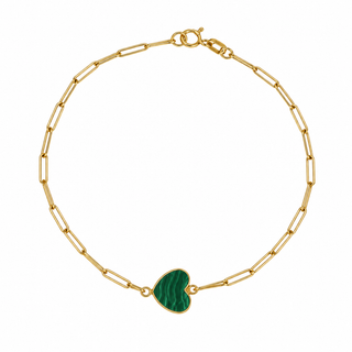 18K Solid Gold Inline Gemstone Center Heart Bracelet -malachite