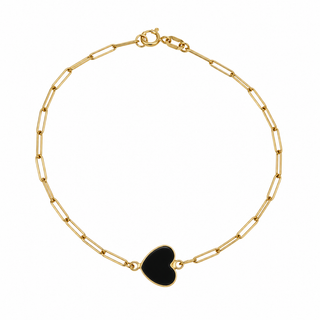 18K Solid Gold Inline Gemstone Center Heart Bracelet-onyx