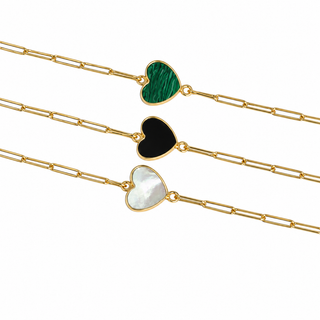 18K Solid Gold Inline Gemstone Center Heart Bracelet