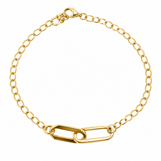 18K Gold Two Polished Paperclip Central Links Rollo Chain Bracelet with Lobster Clasp
