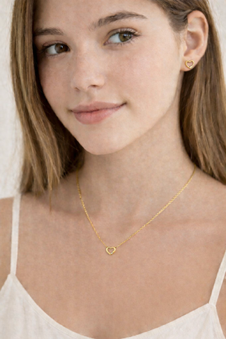 18K Solid Yellow Gold Tiny Diamond Open Heart Earrings