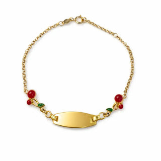 18K Solid Yellow Gold Cherry Oval Id Bracelet for Girls