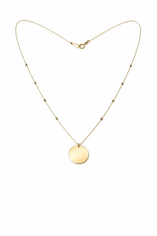 18K Solid Yellow Gold Center Circle and Tube Bead Necklace