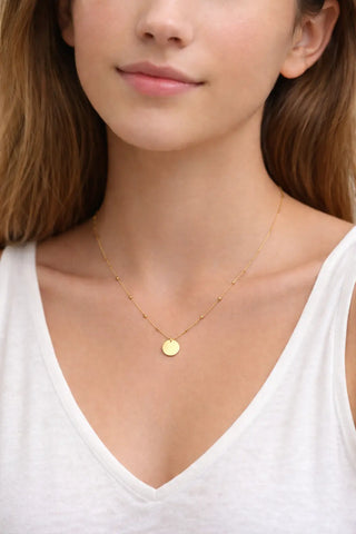 18K Solid Yellow Gold Center Circle and Tube Bead Necklace