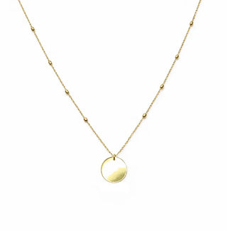 18K Solid Yellow Gold Center Circle and Tube Bead Necklace