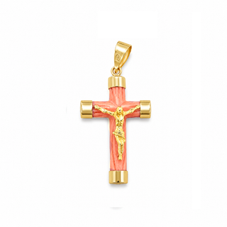 18K Solid Gold Coral Antique-Style Crucifix Pendant