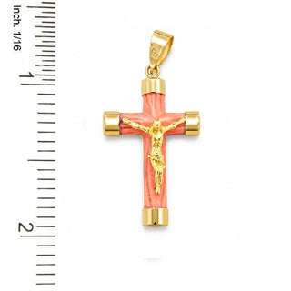 18K Solid Gold Coral Antique-Style Crucifix Pendant