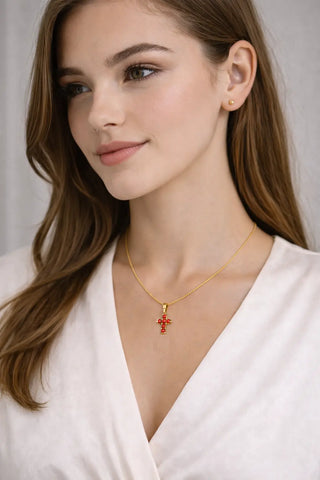18K Solid Yellow Gold Small Coral Beads Cross Pendant
