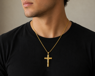 18K Solid Yellow Gold Polished Medium Men's Crucifix Pendant
