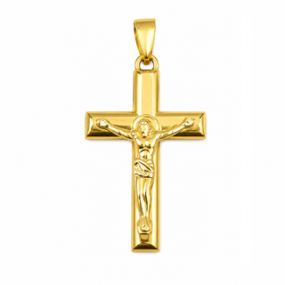 18K Solid Yellow Gold Polished Medium Men's Crucifix Pendant