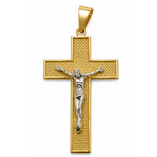 18K Solid Two-Tone Gold Basket Weave Crucifix Pendant