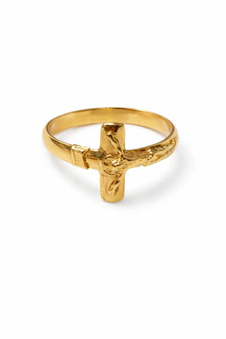 18K Solid Yellow Gold Polished Crucifix Men’s Band Ring