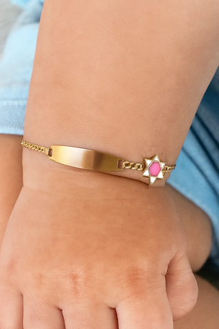 18K Gold Pink and White Enamel Star of David Id Bracelet