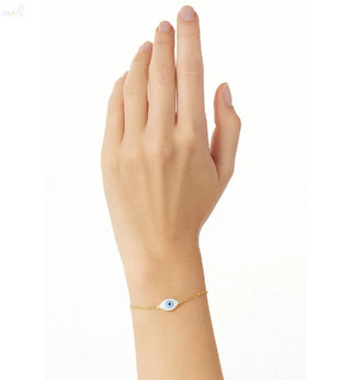 18K Solid Yellow Gold White Ceramic Evil Eye Bracelet